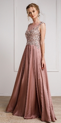 Embellished Sheer Top Long Prom Pageant Satin Dress