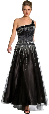 Single Shoulder & Silver Beaded Prom Dress