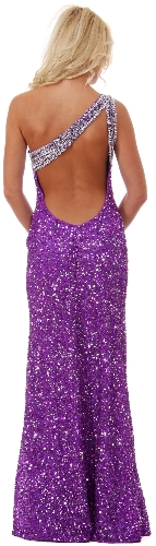 One Shoulder Bare Back Sequined Long Formal Prom Dress — back view