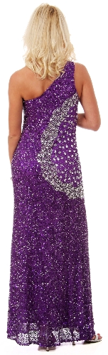 One-Shoulder Sequin Column Gown with Crystal Swirl — back view