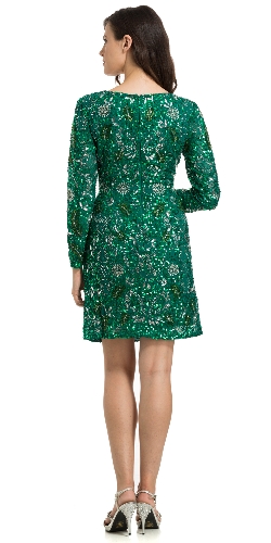 V-Neck Full Sleeves Short Sequin Beaded Party Prom Dress — back view