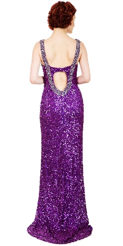 Sequin Column Gown with Beaded Straps and Front Slit — back view