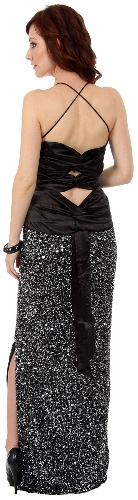 Satin Bust Sequined Long Formal Dress with Exquisite Back — back view