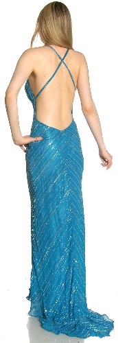 Crossed Bare Back Multi Beaded Formal Gown — back view