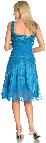 Teal Sequin Fit-and-Flare Cocktail Dress with Square Neck — back view