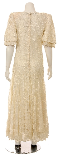 A-line Medium Length Lace Gown with Pearls Beadwork — back view