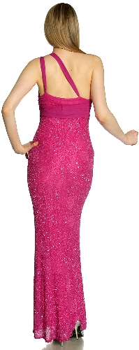 One Shoulder Shirred Bodice Sequined Formal Dress — back view