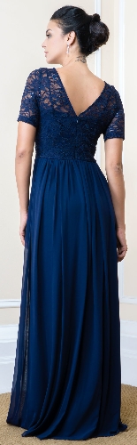 Sequins Lace Bodice Half Sleeves Long Formal Evening Dress. — back view