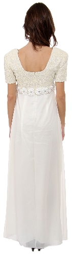 Floral Waistline Detail Short Sleeved Long Formal Gown — back view