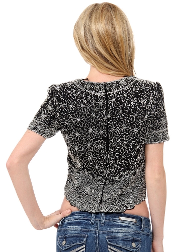 Short Sleeved Net Top with Silver Petal Sequins — back view