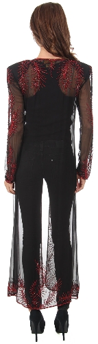V-Neck Full Sleeves Beaded Long Sheer Jacket  — back view