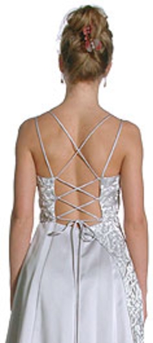 A-line Formal Prom Dress with Shimmer Paisley Material — back view