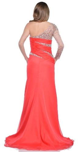 One Sleeve Formal Prom Dress with Front Slit — back view