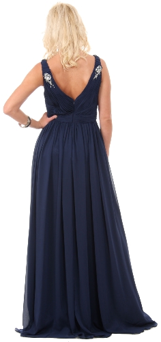 Deep V-Neck Ruched Floor Length Formal Prom Dress — back view