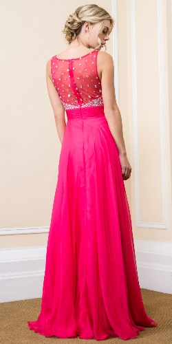 Jeweled Mesh Top Floor Length Formal Prom Dress — back view