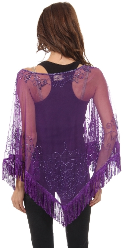 Boat Neck Mesh Beaded Poncho with Fringes  — back view