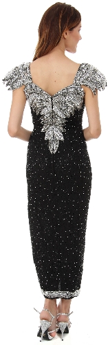 Tea Length Formal Cocktail Beaded Dress with Cap Sleeves — back view