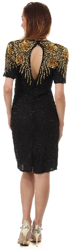 Knee Length Half Sleeves Beaded Cocktail Dress with Keyhole — back view