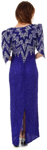Long Formal Beaded Gown with Zig-Zag Pattern on Bodice — back view