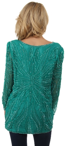 Round Neck Artistic Sequins Pattern Long Blouse — back view