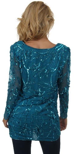 Artistic Floral Sequins Pattern Full Sleeves Long Blouse — back view