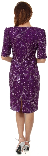 V-Neck Half Sleeves Knee Length Floral Beaded Dress — back view