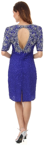 Knee Length V-Neck Formal Cocktail Beaded Dress — back view