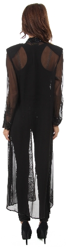 High Collar Full Sleeves Long Sheer Beaded Jacket — back view