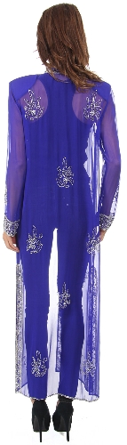 High Collar Full Sleeves Long Sheer Beaded Jacket — back view