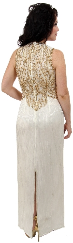 Leafy Beaded Sleeveless Evening Dress — back view