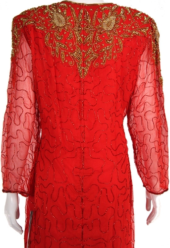 Knee Length Beaded Cocktail Dress with Full Sleeves — back view