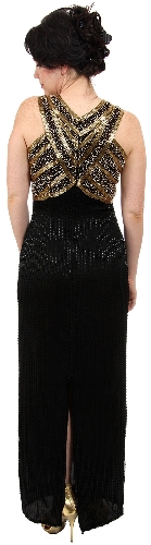 Sleeveless Long Formal Dress with Wrap Style Beaded Bodice — back view