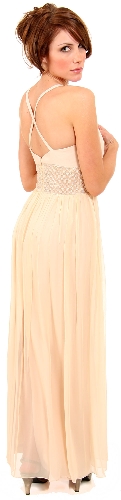 Long Formal Dress with Crossed Back & Beaded Belt  — back view