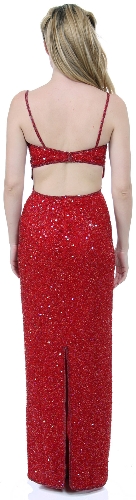 Spaghetti Straps Sequined Long Dress with Keyhole Waist — back view