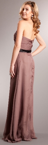 Strapless Long Formal Dress with Pleating & Belt — back view