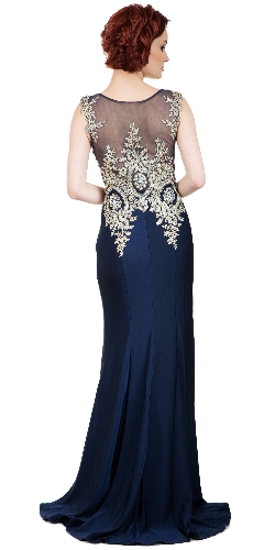 Boat Neck Fully Embroidered Bodice Long Formal Prom Dress — back view