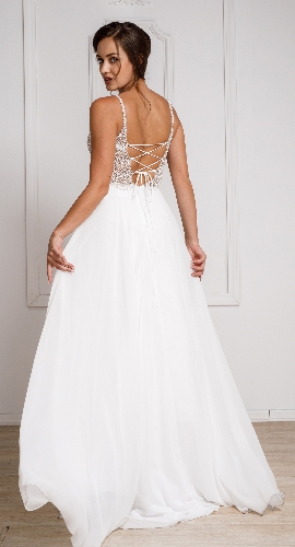 Bejeweled Bodice V-Neck Spaghetti Straps Formal Prom Dress — back view
