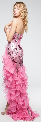 Strapless High-Low Sequined Prom Dress with Ruffled Skirt — back view