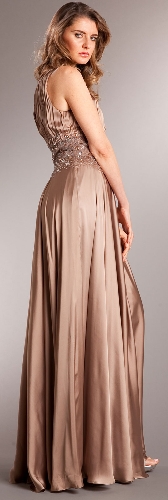Ruched Bust Beaded Empire Cut Long Formal Prom Dress — back view