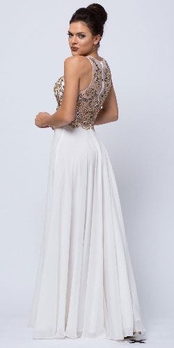 Sleeveless Floral Accent Beaded Top Long Prom Dress — back view
