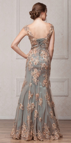 V-Neck Floral Embellishments Mesh Long Prom Pageant Dress — back view