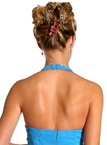 Halter Neck Formal Prom Dress with Ruffles and Brooch — back view