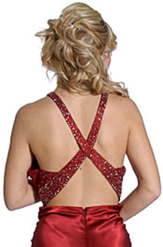 V-Strapped Beaded Long Formal Prom Dress — back view