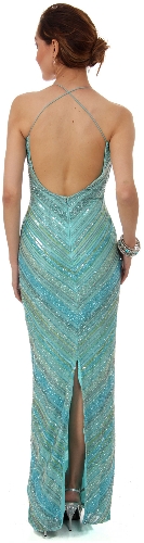 Spaghetti Straps Multi Colored Formal Beaded Gown in Aqua — back view