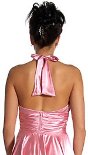 Halter Neck and Waisted Tea Length Formal Dress — back view
