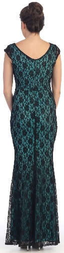 Broad V-Neck Long Formal Dress with Lace Overlay — back view
