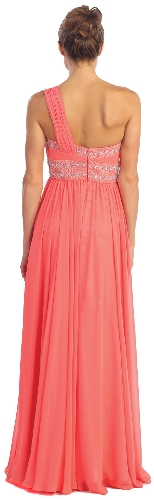 One Shoulder Ruched Long Formal Dress with Bejeweled Bust — back view