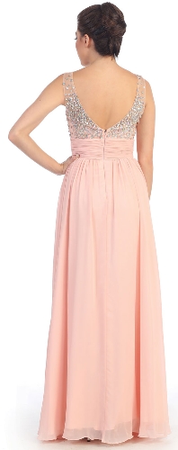 Bejeweled Mesh Top Long Formal Prom Dress — back view
