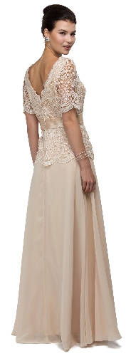 V-Neck Half Sleeves Lace Bodice Long Formal MOB Dress — back view