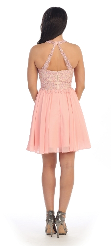 Sheer Lace Bodice Chiffon Short Homecoming Prom Party Dress — back view